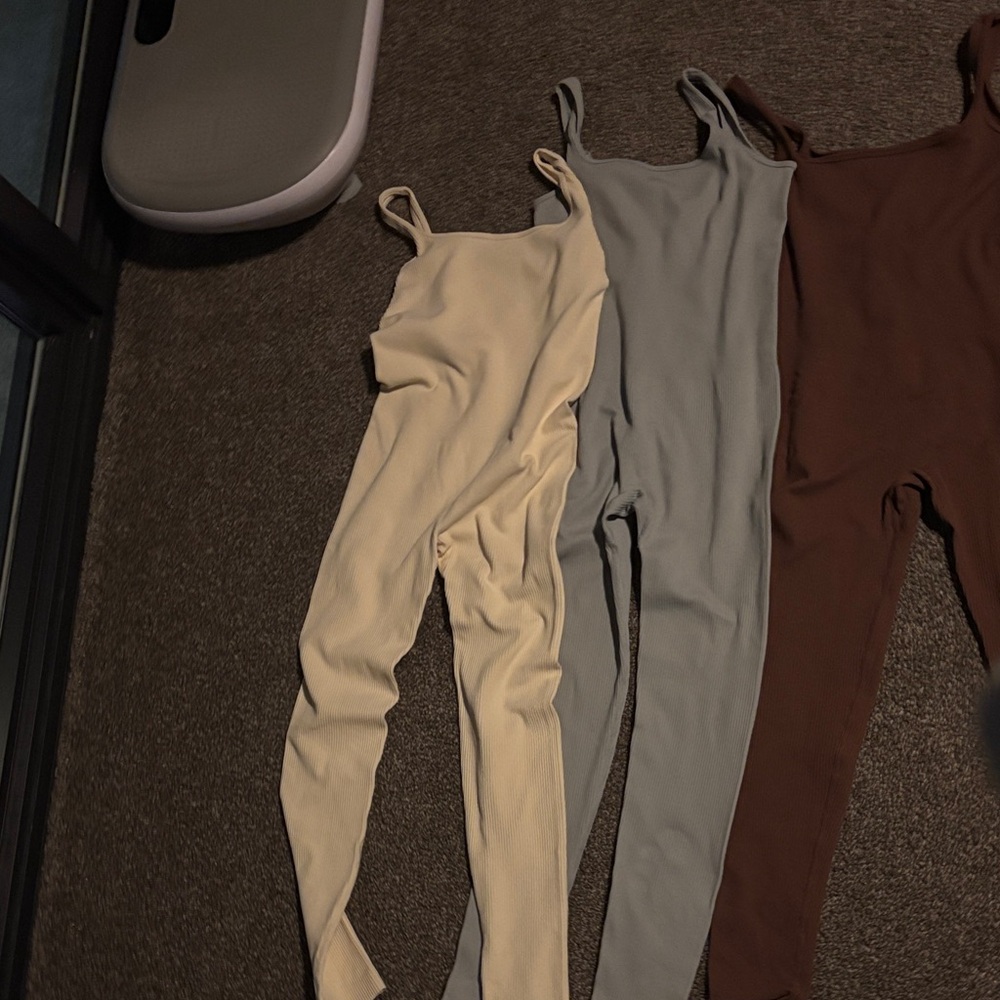 Ribbed Scoop-Neck Jumpsuit - Cream, Light Gray, Brown (3 Pack)